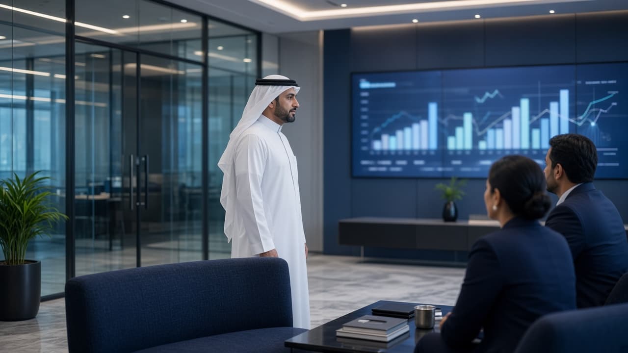 UAE banking leaders reviewing digital performance in a Dubai boardroom
