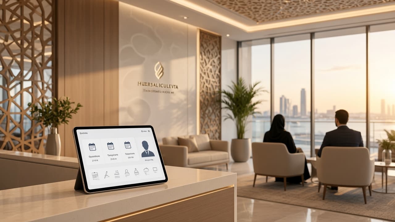 Premium UAE clinic reception with a digital patient platform