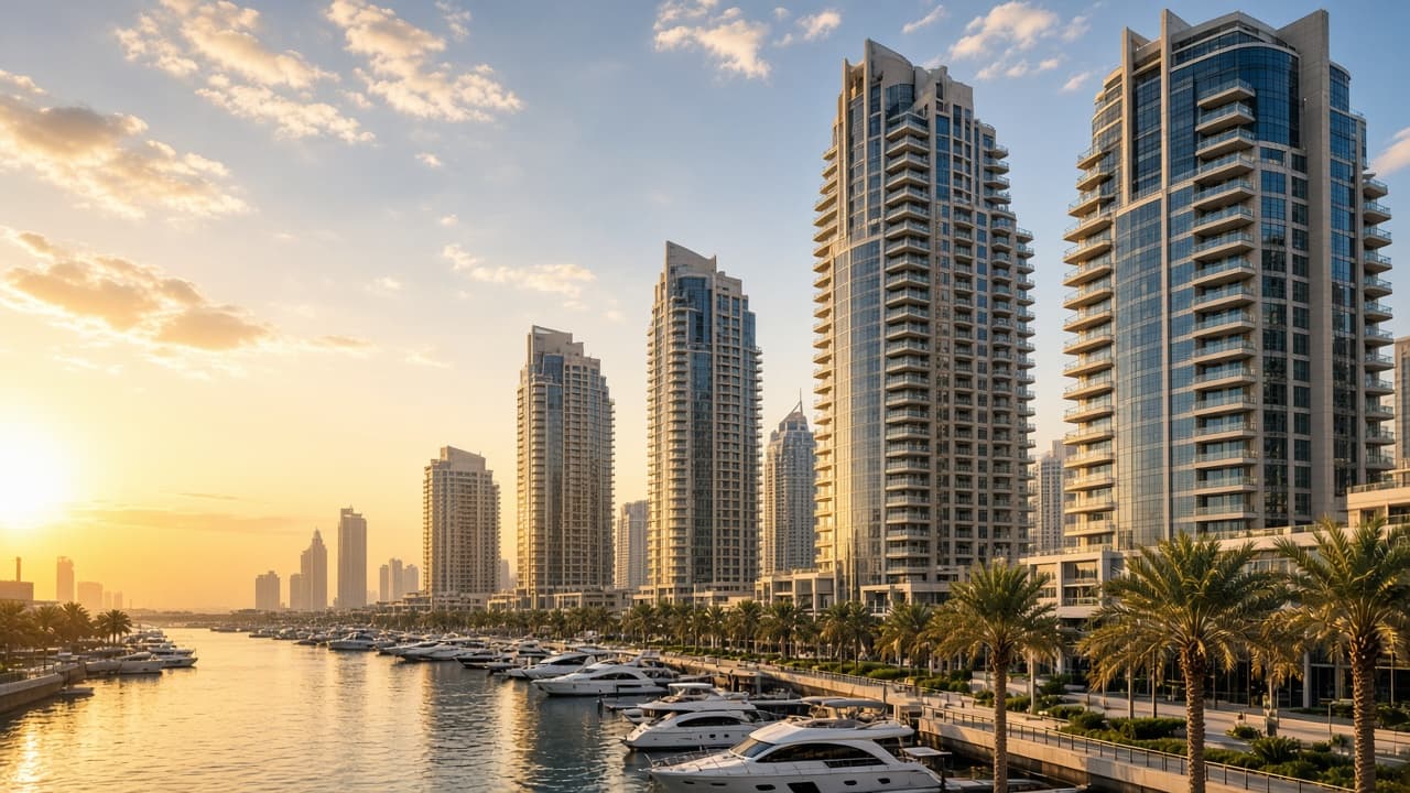 Dubai waterfront towers and marina at sunset